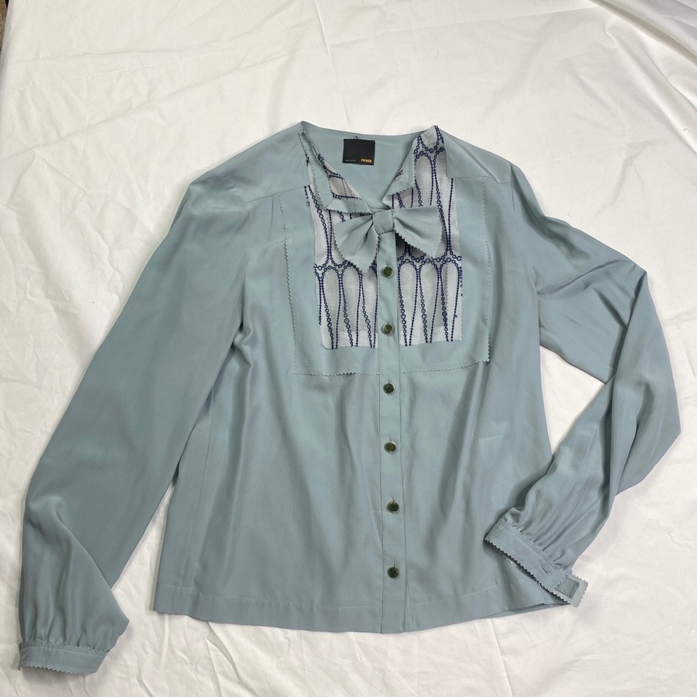 Fendi Womens Silk Button Up Blouse Grey Green Size IT 40 A030322